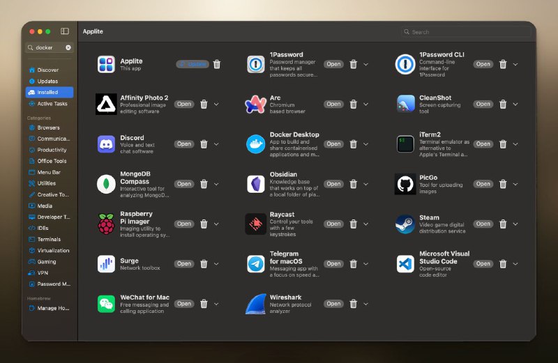 🔖 milanvarady/Applite: User-friendly GUI macOS application for Homebrew Casks #pinboard #mac #homebrew #software #tool 之前的话,我桌面上的软件都是从各个软件提供商的官网上下载 dmg 然后安装
