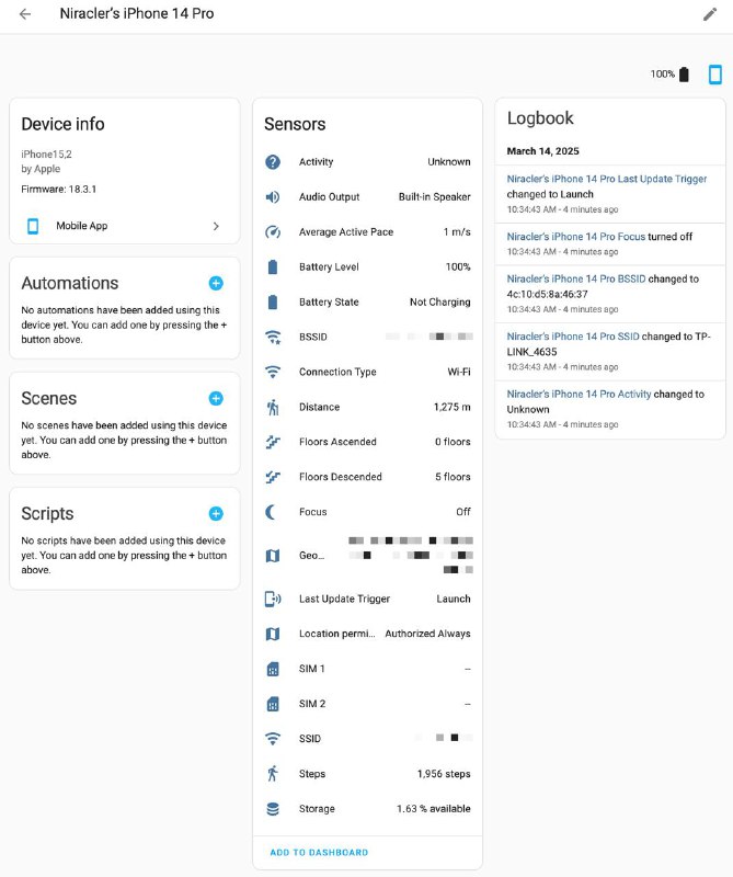 在 Home Assistant 中,电脑/手机启用 APP 的时候,也会将电脑/手机看作是一台设备,然后监控各种设备状态