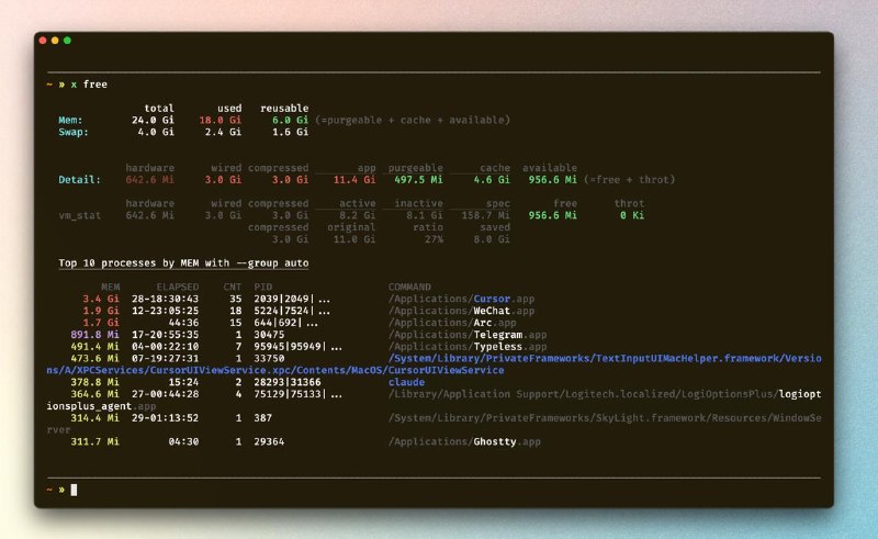 out of memory but don't know why❓x free — shows you exactly who's stealing your RAM.🔹See the top 10 memory hogs instantly🔹Spot what you can actually free — color-coded at a glance🔹Get the real numbers — no double counting🔗 Introducing x free: https://free.x-cmd.com👉Get Started: https://x-cmd.com/mod/free📺 Bilibili Video: https://b23.tv/BV1zEd1BAEcq