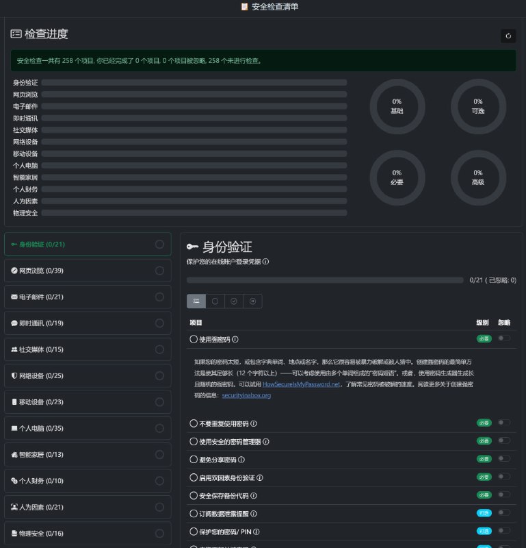 这是一份非常全面的 #网络安全 检查清单,一共有 258 个项目,每一项都有详细的解释,涵盖密码安全、浏览安全、移动设备安全等方面的内容
