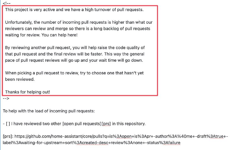 HA: PR数量太多,而人员跟不上,所以帮我们审核 PR 的话,能加快你自己的 PR 审核速度隔空感受到他们的压力了😂#homeassistant